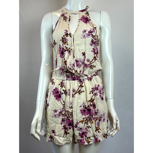 American Eagle Women Halter Neck Romper Floral Cherry Blossom Key Hole Pink SZ S - Picture 2 of 12